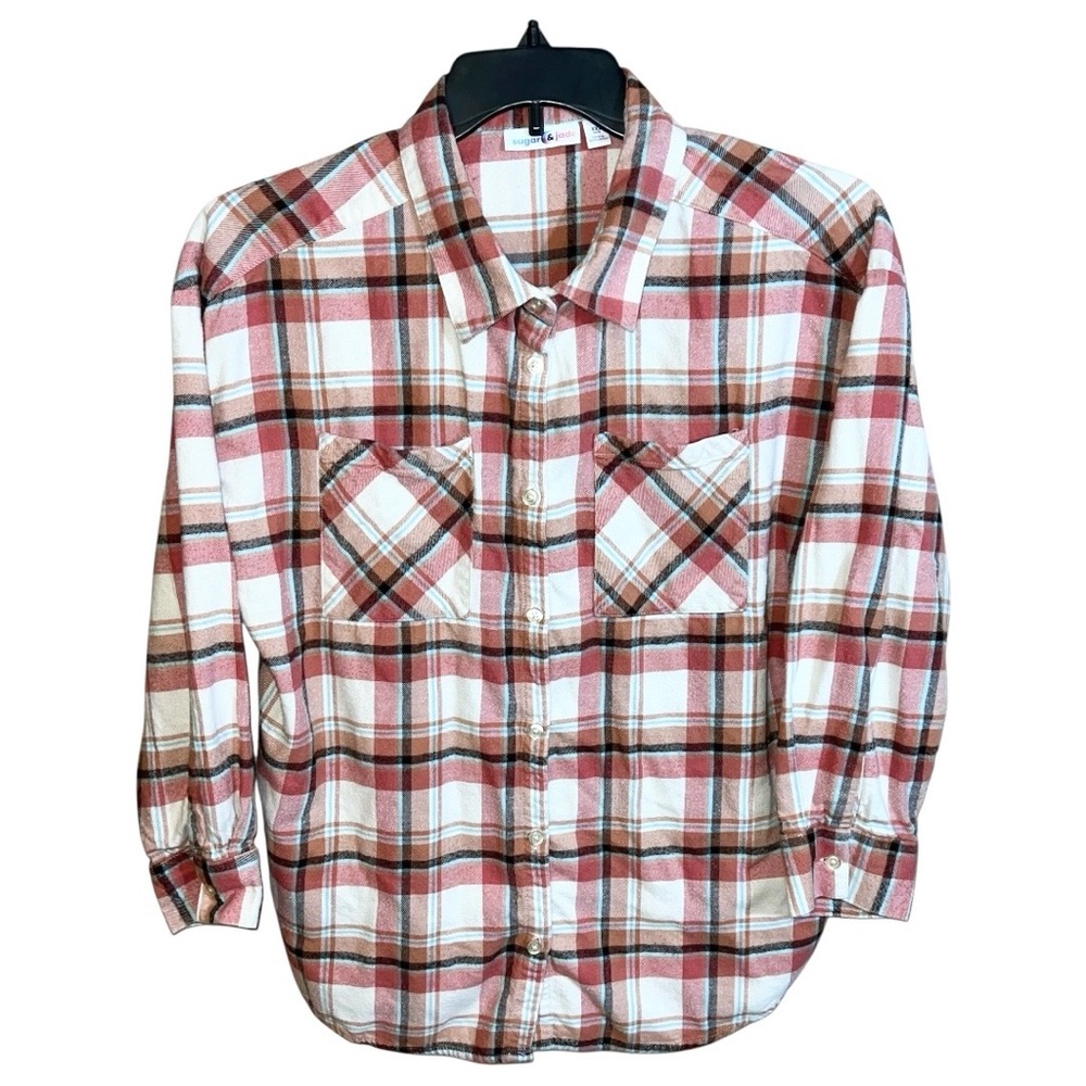 Sugar & Jade Shirt Girls Size XXL 20/22 Pink White Brown Flannel Button Front
